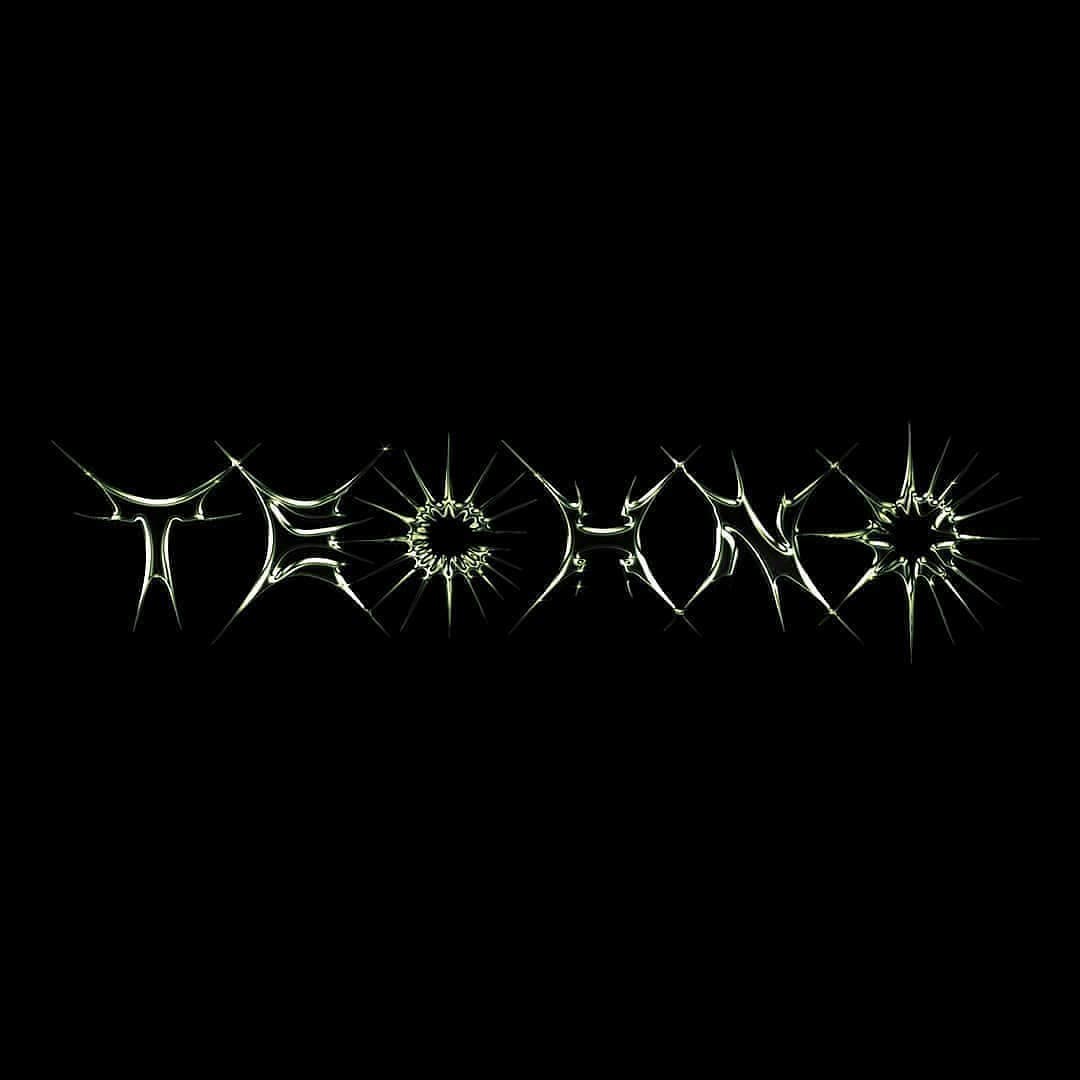 The word Techno in spiky chrome lettering on a black background, custom type design.