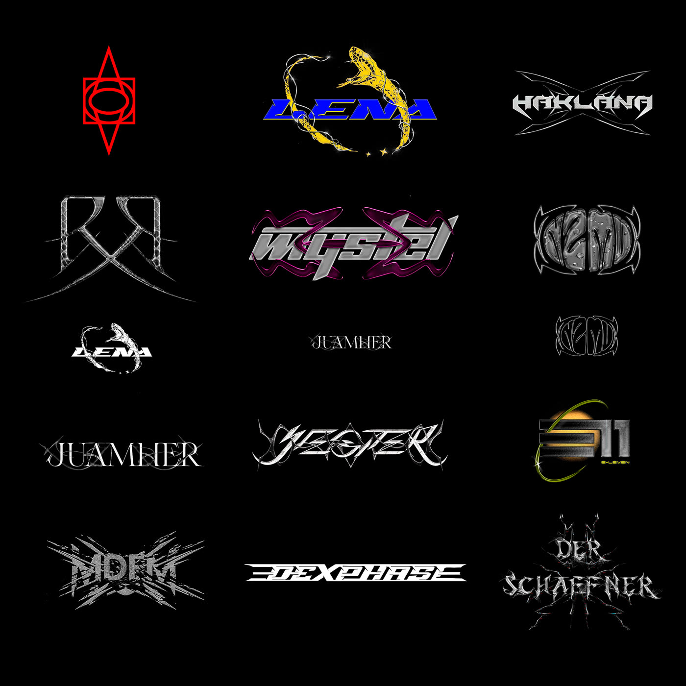Grid of custom logos and wordmarks for DJs and music brands in chrome, neon and gothic styles, an identity sheet.