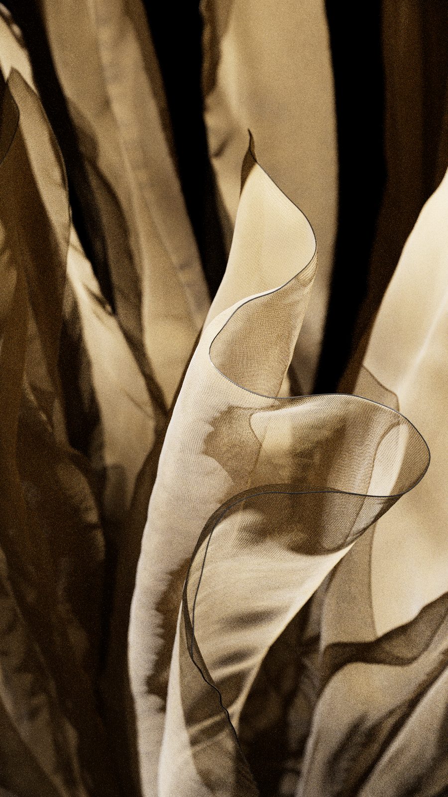 Translucent golden fabric folds in warm light, a Vellum cloth simulation rendered in Karma.