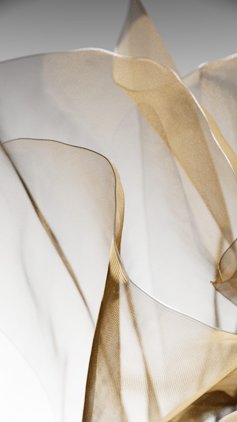 Sheer gold and white fabric drifting on a pale background, a Vellum cloth simulation rendered in Karma.