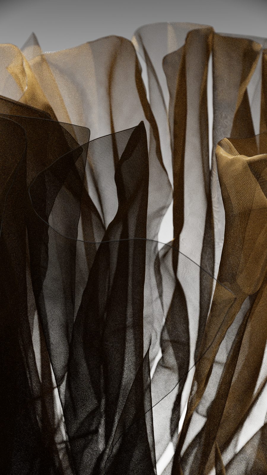 Layers of dark and golden tulle hanging in vertical folds, a Vellum cloth simulation rendered in Karma.