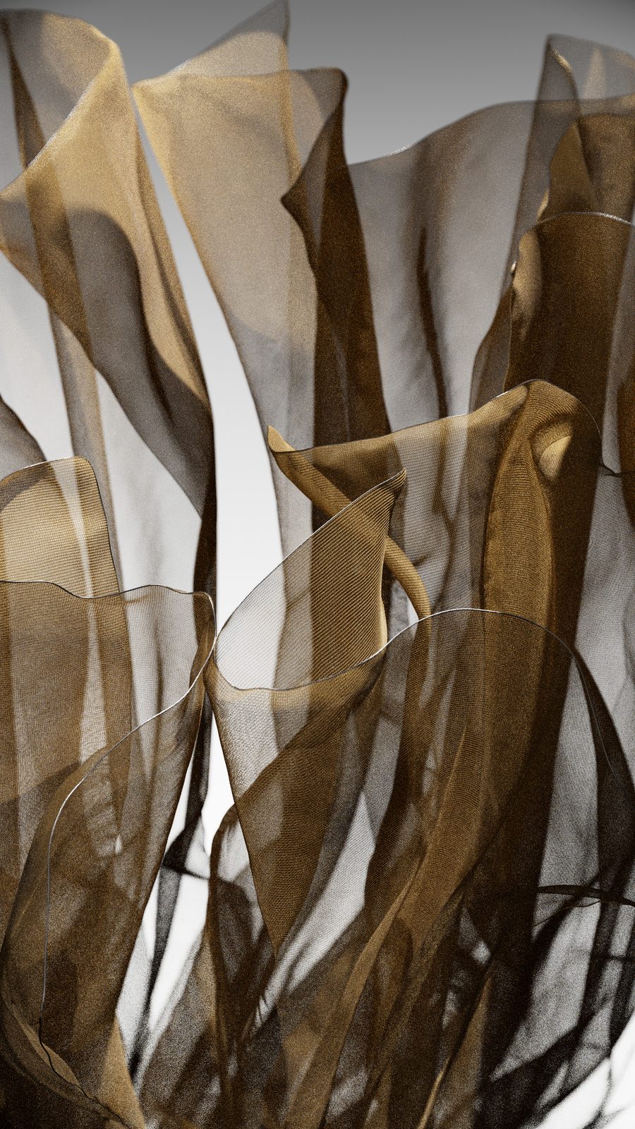 Bundles of bronze translucent cloth twisting upwards, a Vellum cloth simulation rendered in Karma.