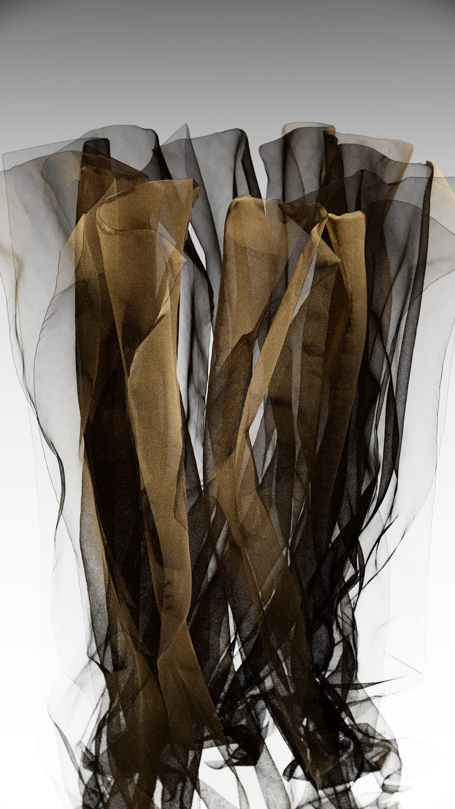 Column of dark sheer fabric strips falling on a white background, a Vellum cloth simulation rendered in Karma.