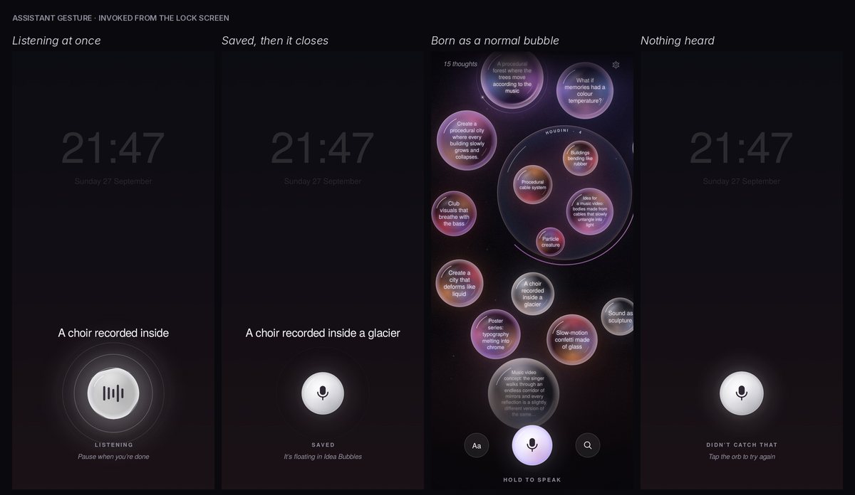 Phone screens of Idea Bubbles, an Android app that records voice ideas and shows them as floating bubbles.