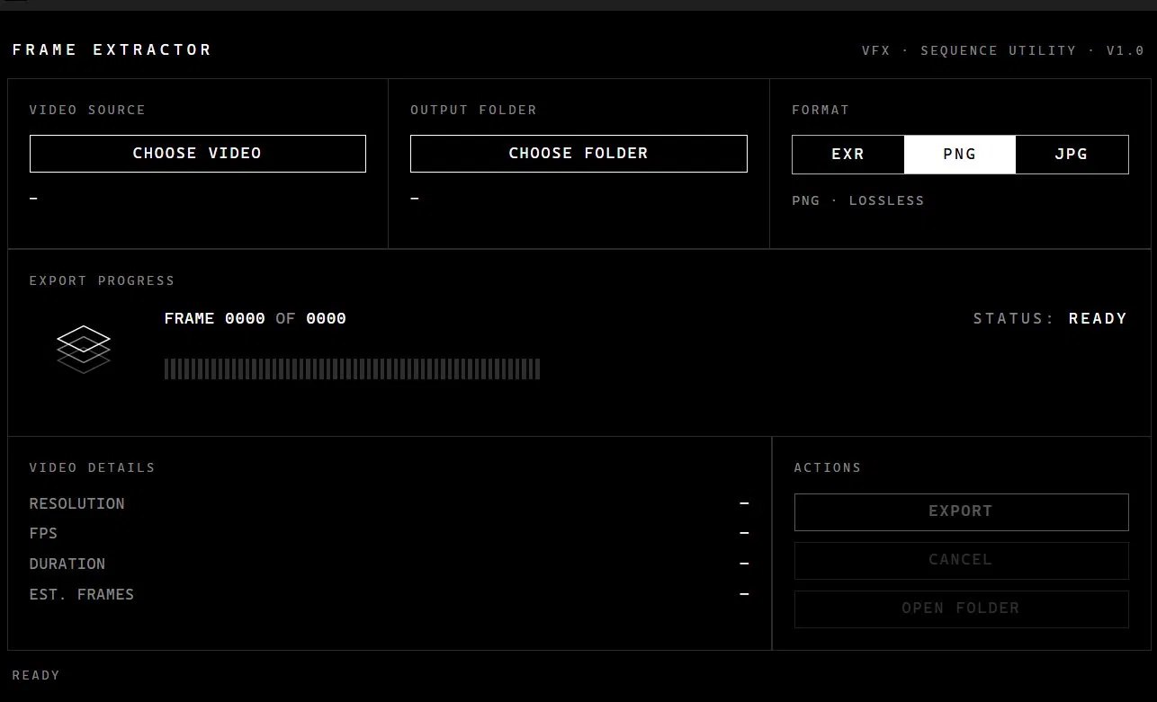 Dark interface of Frame Extractor, a Windows app that turns videos into EXR, PNG or JPG image sequences.