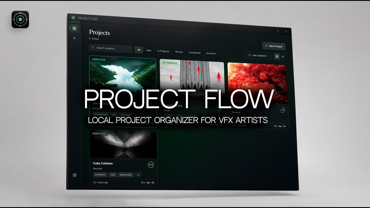 Project Flow app window showing a grid of VFX project cards, a local project organizer for artists.