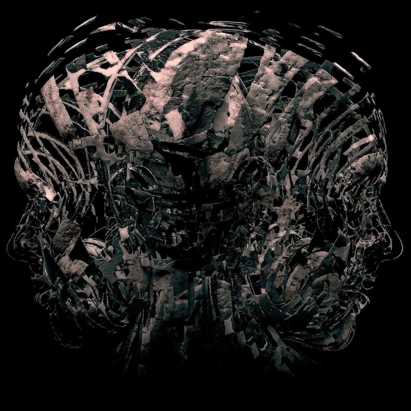 Two human heads facing away, built from torn metallic ribbons on black, a Morpho 3D artwork.