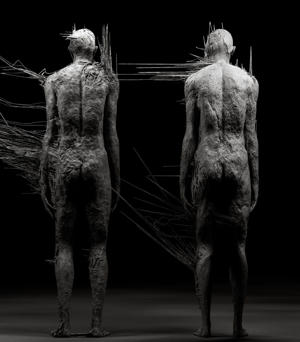 Two clay-like human figures seen from behind, linked by sharp wire filaments, a Morpho 3D artwork.