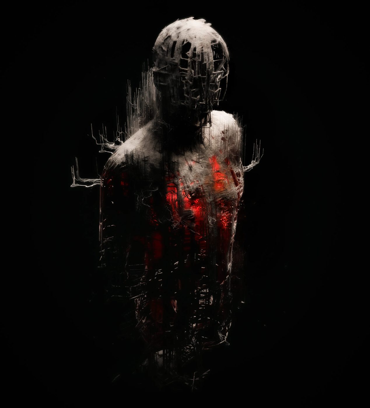 Fragmented human bust with a glowing red core dissolving into threads, a Morpho 3D artwork.