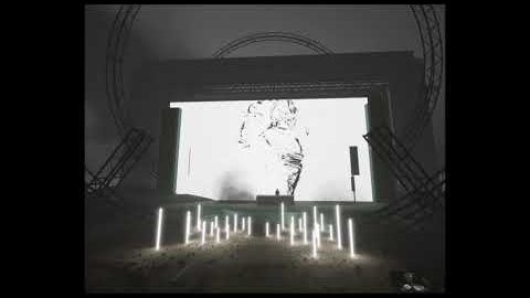 Virtual techno festival stage with a giant screen and white light poles, built in Unreal Engine 5.