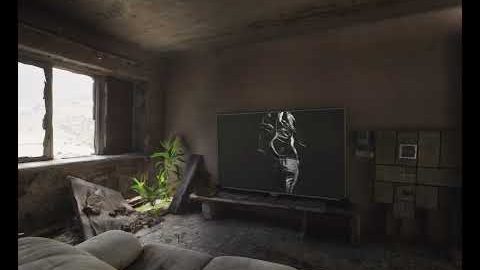 Abandoned living room with a TV showing a dancing figure and a plant growing through the floor, from The House of Morpho.