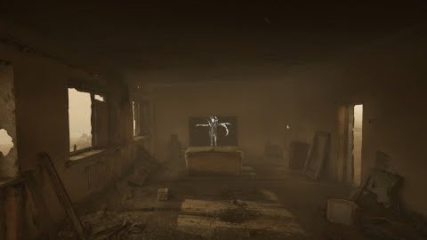 Dusty ruined room with a pale figure on a TV at the far end, a frame from the Morpho showreel.