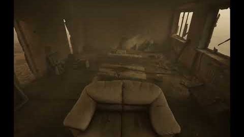 Sand-covered ruined living room with an old sofa, a house environment rendered in Unreal Engine 5.