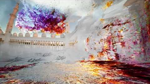 Mosque courtyard captured as a NeRF with Luma AI and exploding into colourful fragments in Unreal Engine 5.
